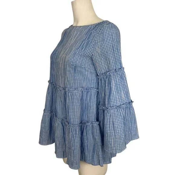 Sara Campbell Ruffle Tiered Tunic Top Blouse S Blue Gingham Bell Sleeve - Picture 3 of 14